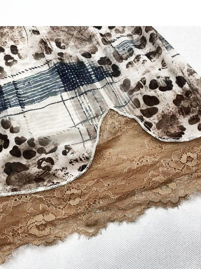 Trim Leopard Pattern Cami Top Y2K V-neck Patches + Contrast Brown Lace