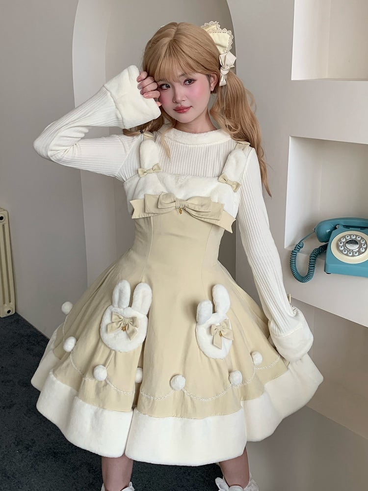 Yellow Winter Sweet Bunny Theme Christmas Lolita Dress Plush Neckline and Hemline