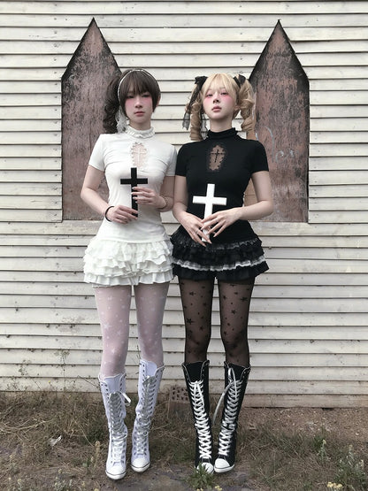 Gestufter Cross Skort Gothic Schwarz/Weiß Elastische Taille Spitzenbesatz Pumphose
