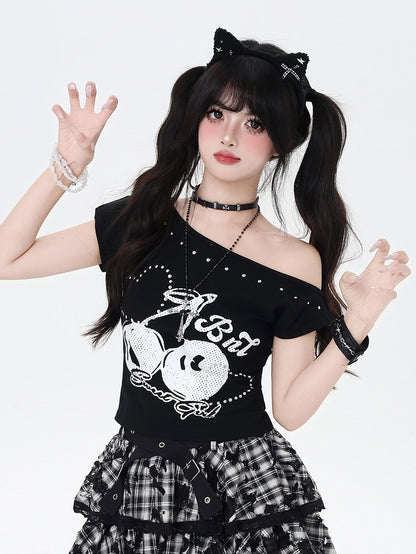 Heart Black/White T-Shirt Asymmetrical Neckline Cherry Print Studded