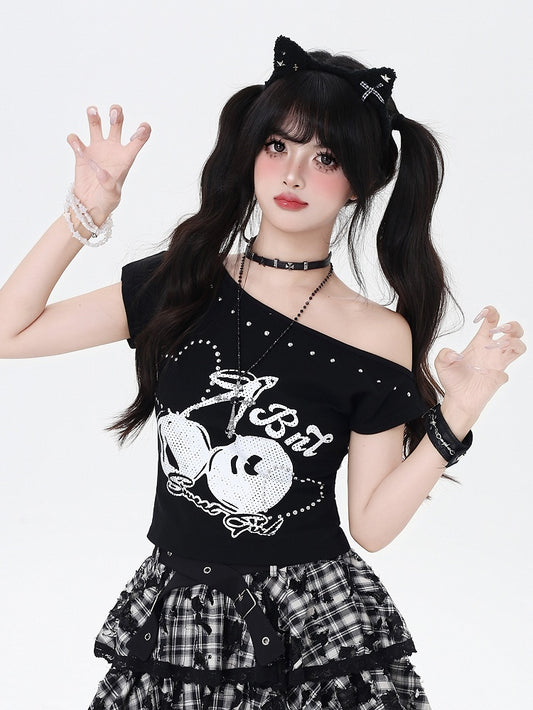 Heart Black/White T-Shirt Asymmetrical Neckline Cherry Print Studded