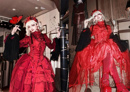 Design Lace-ups with Waist Birdcage Ovarlay Red Lolita Dress Skirt Big and Gothic Bow Corset Detachable