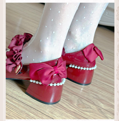Polished Wine Red Round Toe Ruffle Trim Block Heel Mary Janes with Beaded Chain