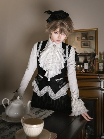 White Lace Trim Hemline Cross Charm Collar Ouji Lolita Shirt