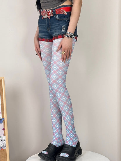Heart Diamond Print Y2K Tights Pattern BluePink