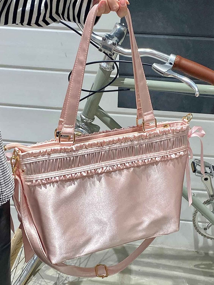 Ita Bag Ruffled Pink Ribbon Bow Large Trim Capacity Tote