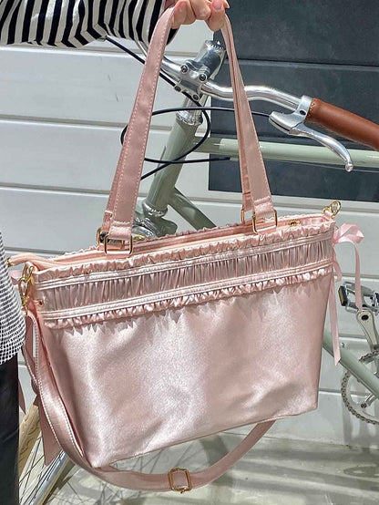 Ita Bag Ruffled Pink Ribbon Bow Large Trim Capacity Tote