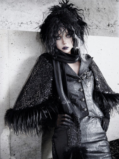 Black Fanx Fur and Snakeskin Grain Cross Shaped Panels Scarf