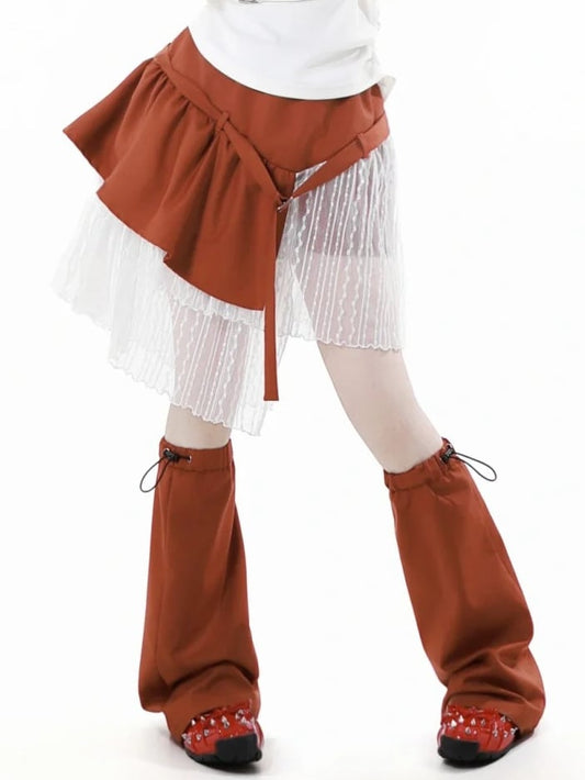 Hem Skirt Orange Elastic Waist Lace Patchwork Asymmetrical
