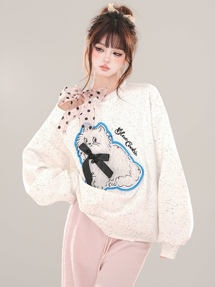 White/Blue Cute Kitty Applique Cutout Shoulder Sweatshirt Self-tie Ribbon