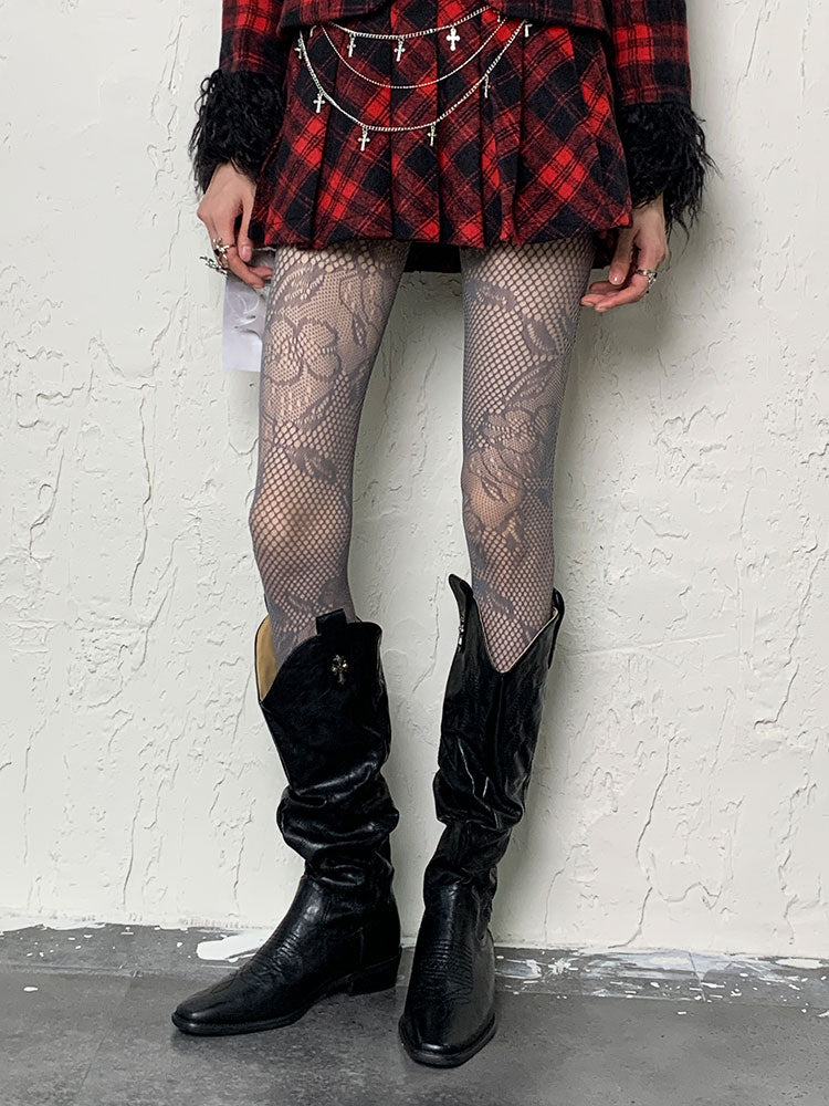 Grey Y2K Hollow-out Floral Pattern Tights
