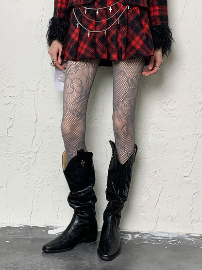 Grey Y2K Hollow-out Floral Pattern Tights