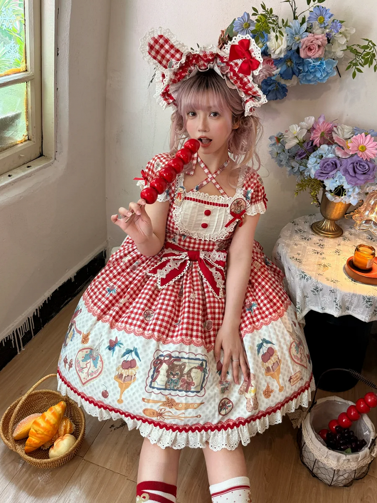 Pattern Bonnet Gingham Black Green Pink Red Ears / Bunny