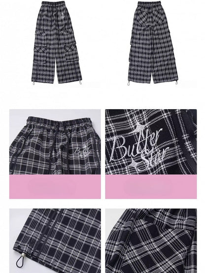 Black and Grey Letters Cargo Pockets Design Plaid Pants