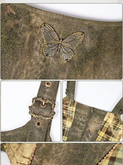 Haut papillon en métal à bretelles à boucle et carreaux verts