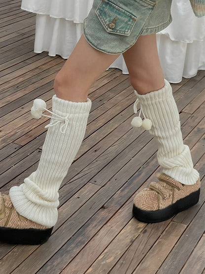 White/Beige/Light Grey/Black Knitted Leg Warmers With Pompons