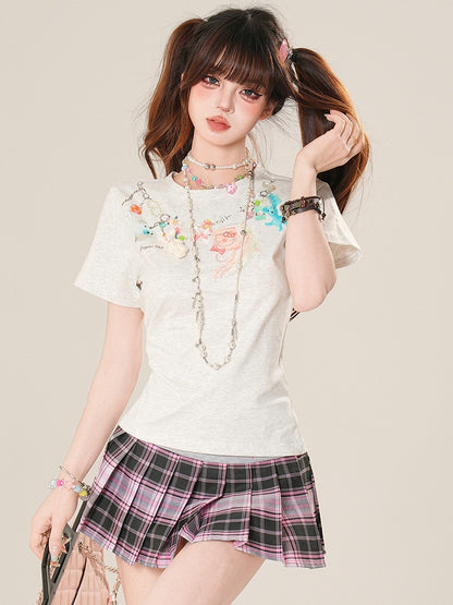 Cartoon T-shirt Print Glamorous Charm Chain Gray