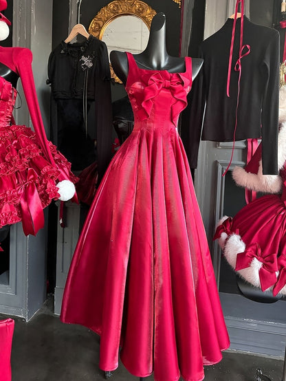 Red Christmas Glossy Dress Bowknot on Bodice Homecoming Dress