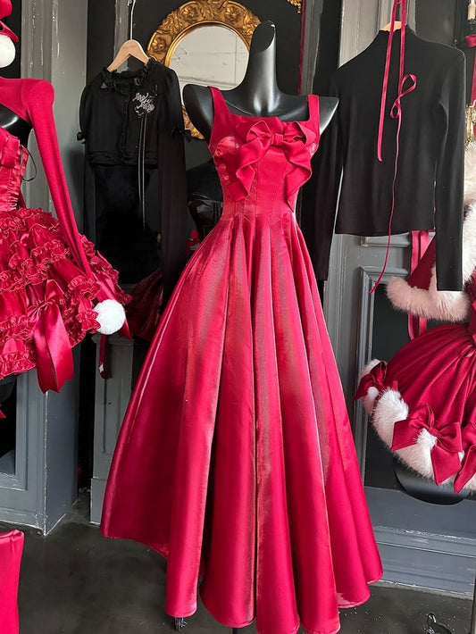 Red Christmas Glossy Dress Bowknot on Bodice Homecoming Dress