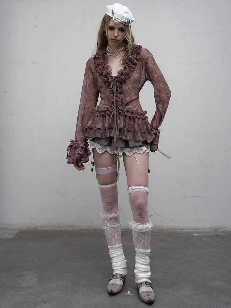 Muster Rüschen Leopard Trim Ärmel Glocke Shirt Lila