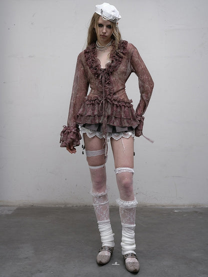 Muster Rüschen Leopard Trim Ärmel Glocke Shirt Lila