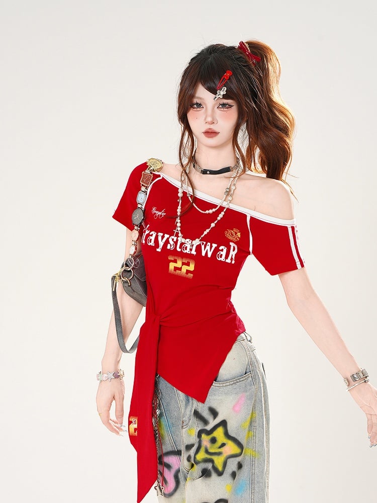 Rot/Blaue Träger an der Taille Asymmetrischer Ausschnitt Blokette Core T-Shirt Selbstbinden