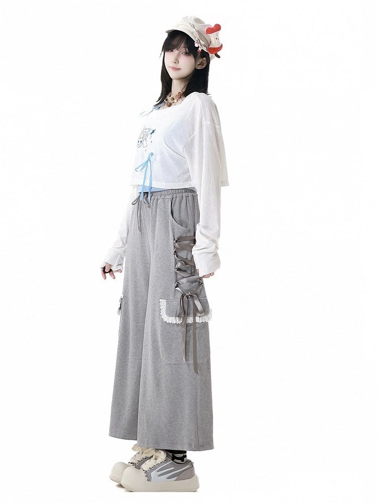 Gray Drawstring Waist Lace-up Details Side Wide-Leg Pants