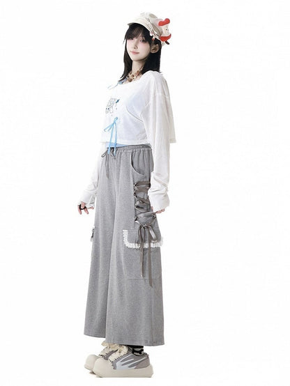 Gray Drawstring Waist Lace-up Details Side Wide-Leg Pants