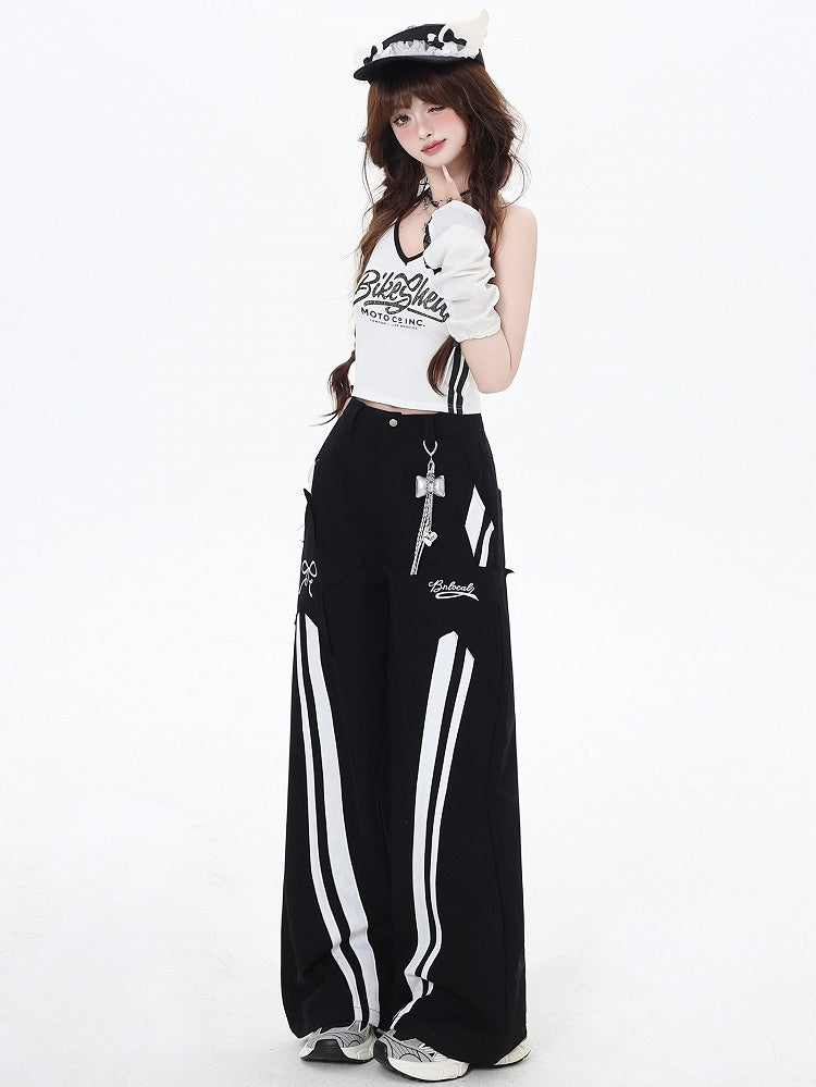 Black High Waist White Stripes Straight-leg Cut Pants