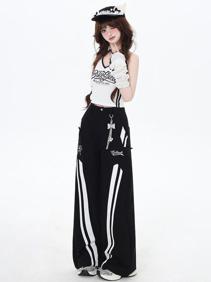 Black High Waist White Stripes Straight-leg Cut Pants