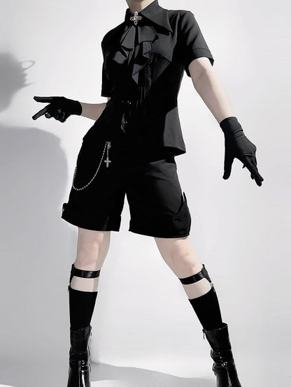 Jabot Lolita Collar Black Foldover Short Fashion Sleeves Shirt Pointed Ouji