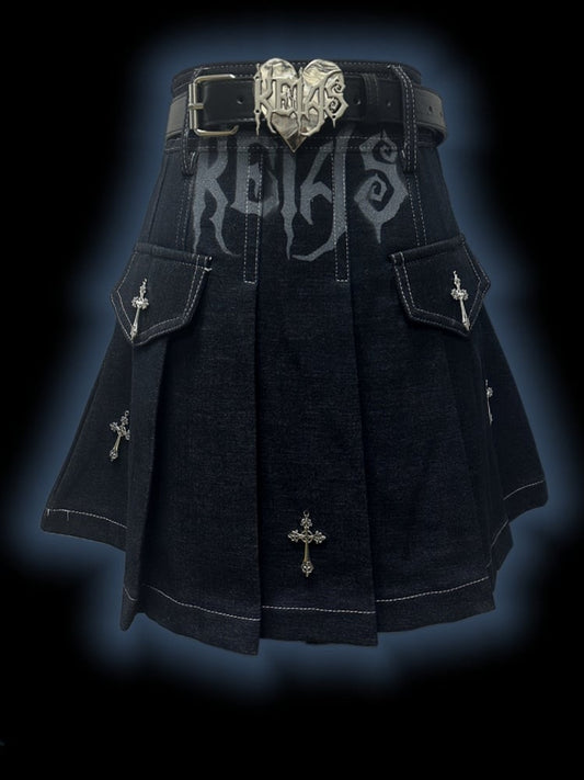 Y2K Dark Blue Letters Cross Charms Punk Rock Denim Pleated Skirt