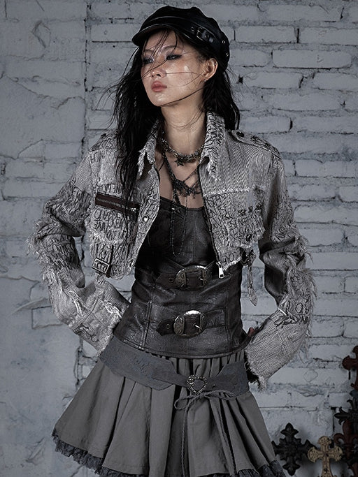 Wasteland Jacket Stripes Skeleton Brown Cropped Decorated Buckle And Pattern Punk