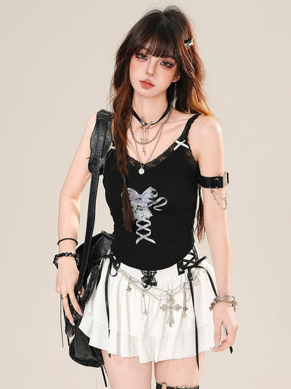 Bowknot Bittersweet Cami Trim Glamorous Lace Print Black Top