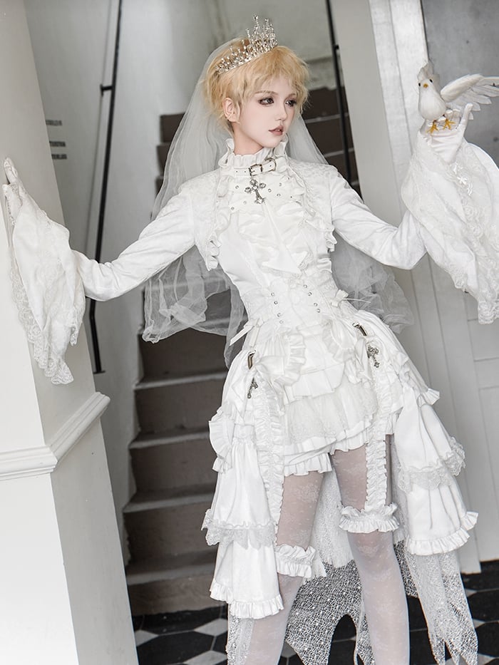 Ouji - Top Sleeveless White Lolita Neck Ruffled Outfit All Prince