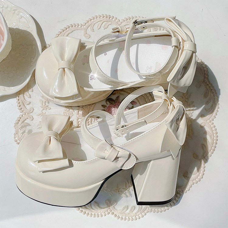 Apricot Bowknot Platform High Block Heels Lolita Shoes