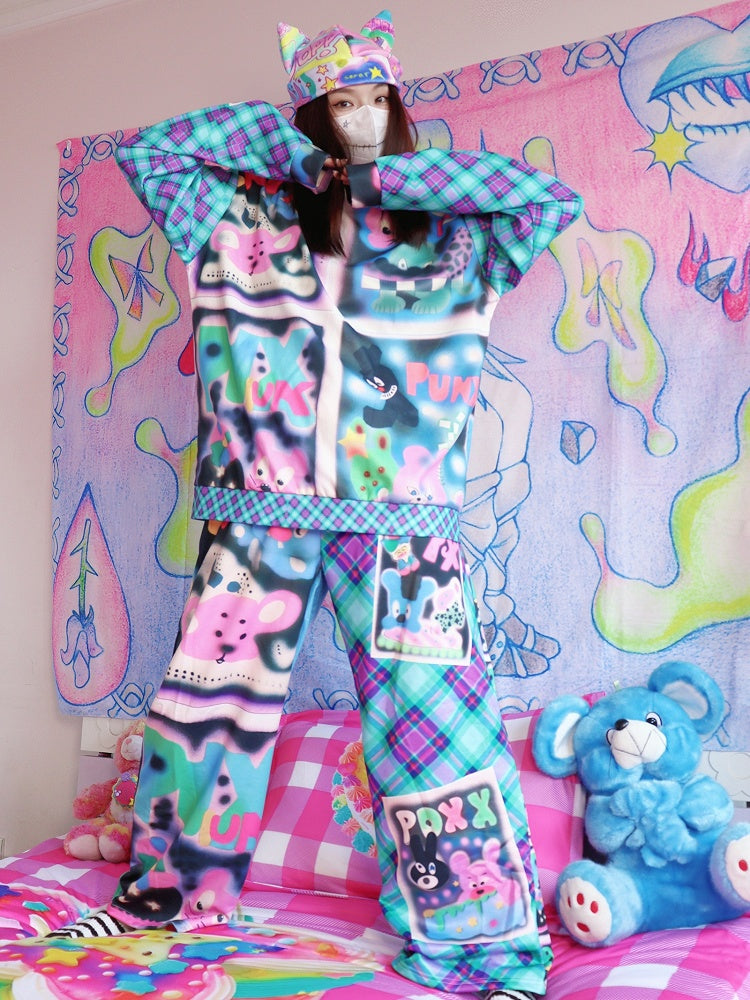 Pants And Flare Letter Cartoon Pattern Silhouette Y2K Colorful Plaid Print