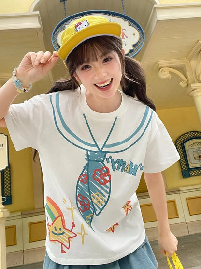 White Round Neck Sailor Collar Print Loose Cute T-Shirt