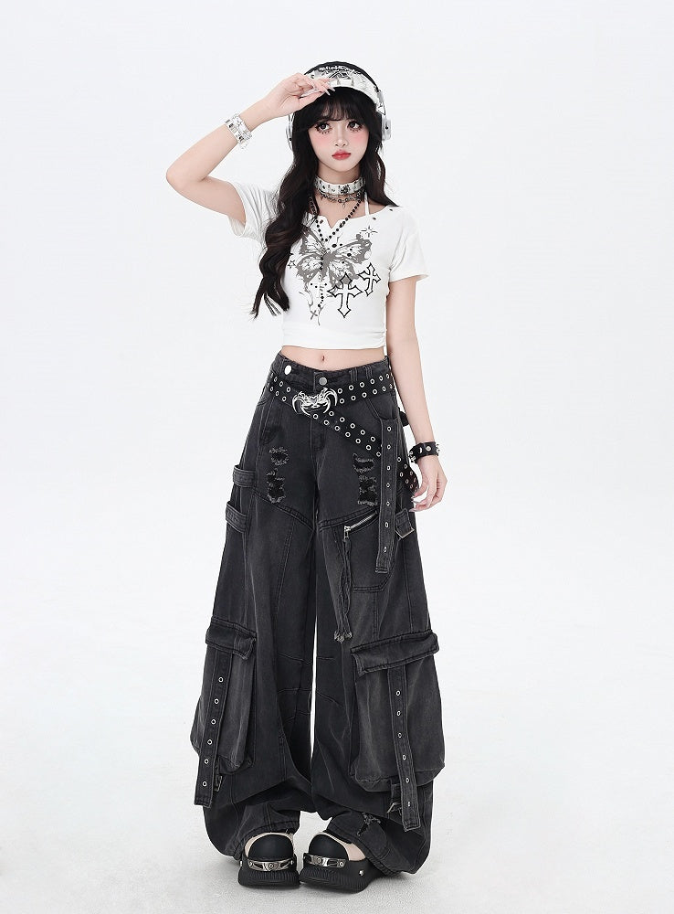 Butterfly Print Halter Neck T-Shirt Armwear with Black/White