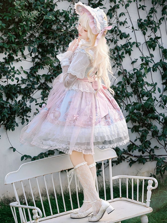 Pink and Blue Curtain Tulle Overlay Flying Horse Skirt Lolita Jumper Skirt