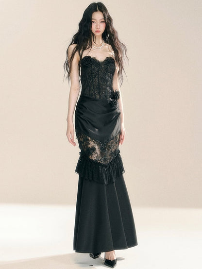 Black Floral Lace Corset Bodice Patchwork Dress Evening Gown