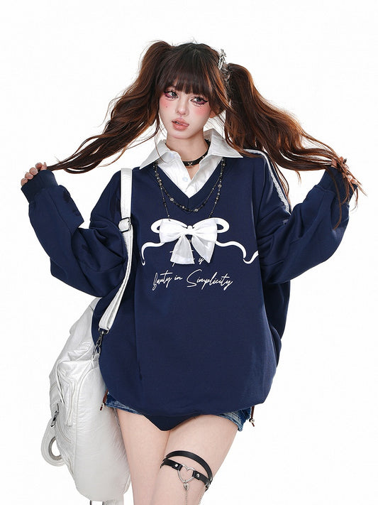 Navy Blue Polo Collar Faux Two-pieces Sweatshirt with Detachable Bow