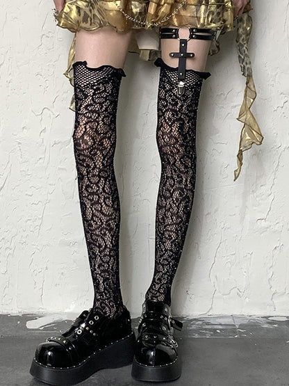Pattern Y2K Stockings Overknee Rhinestone Floral Black