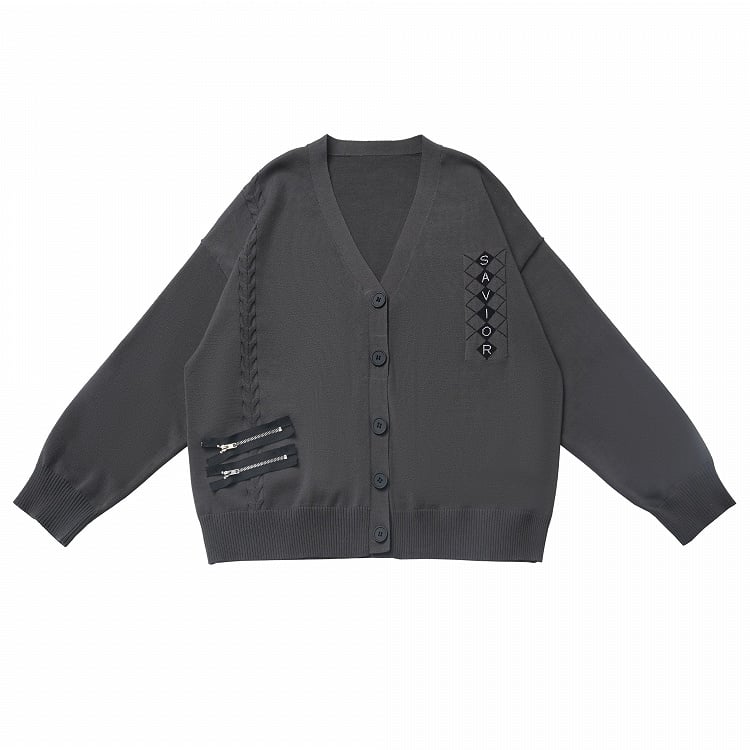 Grey V-Neck Zipper Details Spring Knitted Cardigan