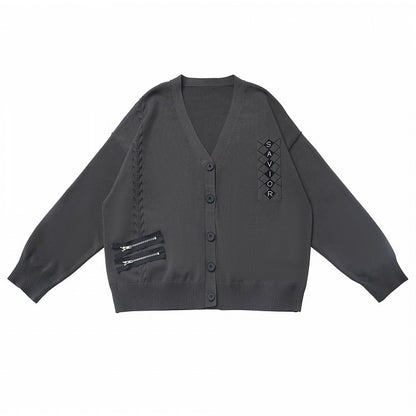 Grey V-Neck Zipper Details Spring Knitted Cardigan