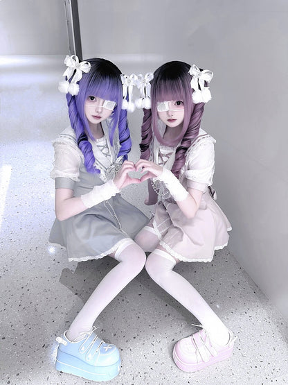 Set Pink/Light Blue Bow Shorts Back Sailor Collar Self-tie Mini Dress + Ruffled Light Hem Jirai Kei