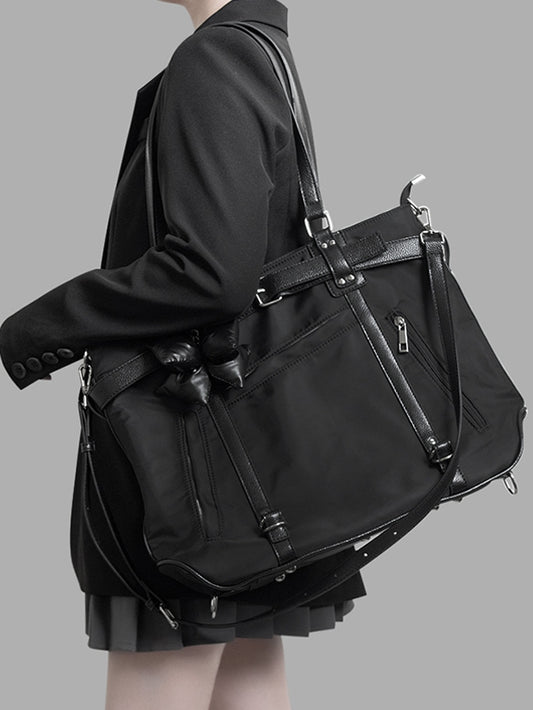 Black With Chic Bold Strap Details Contrast Tote Large-Sized