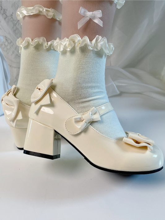 Apricot Bowknot Round Toe 5.5CM Block Heel Lolita Shoes