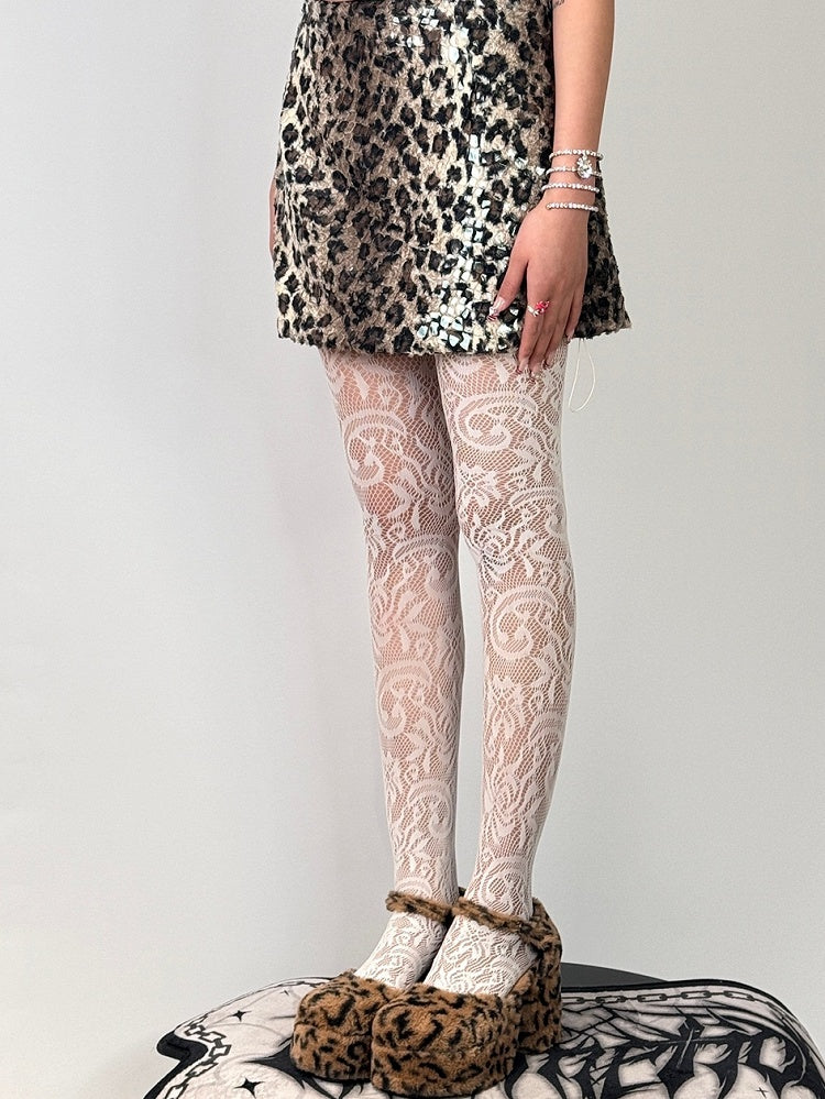 White/Black Pattern Tights Floral Hollow-out Design