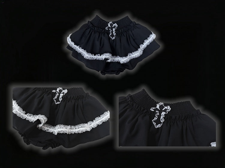 Y2K Black Cross Applique Lace Accents Punk Tiered Mini Skirt